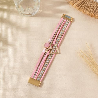 Rantanto Leather Wrap Bracelets For Women Gold Twist Lock Buckle Wrist Cuff | PU leather,Skin-friendly,Boho Stackable Wristband,Fashion Daily Jewelry,Trend Casual Party Bangle,Fit For Birthday, Holiday - color: Heart Pink