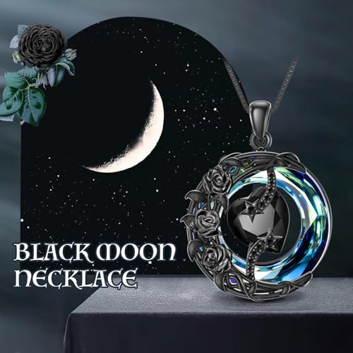 TOUPOP Birthstone Necklace Women Sterling Silver Moon Star Birthday Jewelry | Celtic Moon Pendant with Blue Crystal Anniversary Christmas Jewelry Gifts for Wife Mom Her - color: C-Black Crystal-Black Rose