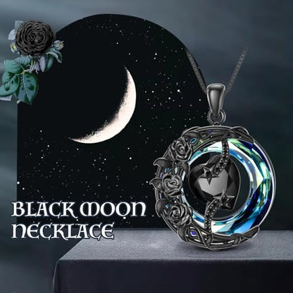 TOUPOP Birthstone Necklace Women Sterling Silver Moon Star Birthday Jewelry | Celtic Moon Pendant with Blue Crystal Anniversary Christmas Jewelry Gifts for Wife Mom Her - color: C-Black Crystal-Black Rose
