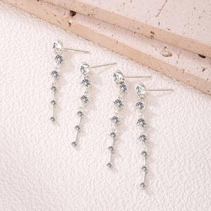 2 Pairs Long Diamond Dangle Tassel Earrings for Women | 14K Gold Silver Plated, Dainty Diamond Crystal Drop Earring, Small Cz Statement Dangly, for Wedding Bridesmaid, Jewelry Gifts - color: 2 Pairs Silver