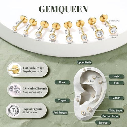 GEMQUEEN 4 Pairs 16G/18G/20G G23 Titanium Implant Grade Nose Studs Threadless Flat Back Earrings Hypoallergenic Flatback 5A CZ Cartilage Helix Tragus Conch Tiny Lip Piercing Jewelry for Women Men - color: Gold-20G(0.8MM)-Bar-6/8MM&CZ-2/3/4MM