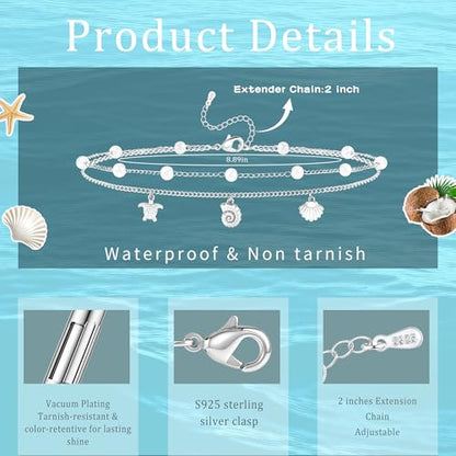 Sterling Silver Ankle Bracelets for Women 14k Gold Plated Waterproof Dainty Layered Stackable Seashell Pearl Charm Non Tarnish Adjustable Anklet for Summer Beach Jewelry Gift - color: silver1
