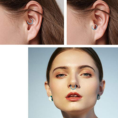 GAGABODY Septum Ring 16 Gauge Earrings Daith Jewelry Surgical Steel Hinged Nose Rings Nose Hoop Cartlidge Earring Hoop Helix Rook Piercing Jewelry - color: Style2:1pc Silver+Blue Opal Single Hoop