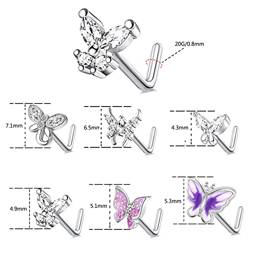CZ Butterfly Flower Top L Bend Stud Nose Ring 20G L Shaped Nose Studs Nose Hoop Rings Nose Body Piercing for Women Mens - color: mix