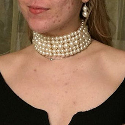 KOSMOS-LI Fashion Simulate Pearl Choker Necklace With Earrings Set - color: Ivory