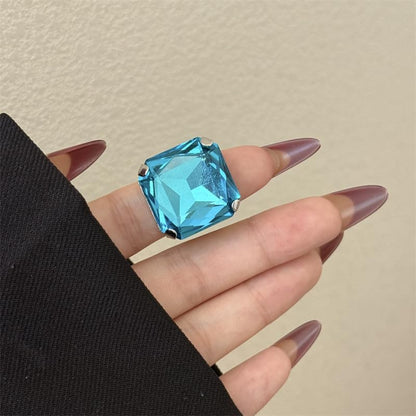 Square Large Rhinestone Exaggerated Statement Ring for Women Sparkling Thick Chunky Geometric Big Crystal Stone Finger Knuckle Band Rings Open Adjustable Wedding Brides Cocktail Prom Party Jewelry - color: Blue