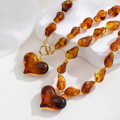 Chunky Heart Necklaces for Women Colorful Resin Beaded Necklaces for Women Gold Puffy Heart Statement Necklace Trendy Acrylic Choker Jewelry Gift - color: A
