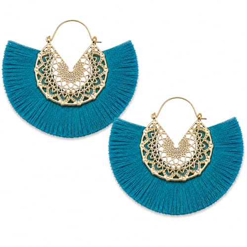 Tassel Hoop Earring Statement Thread Dangle Earrings Stylish Long Fringe Drop Earrings Lightweight Long Swingy French Hook Earrings for Women - color: A Dark Blue