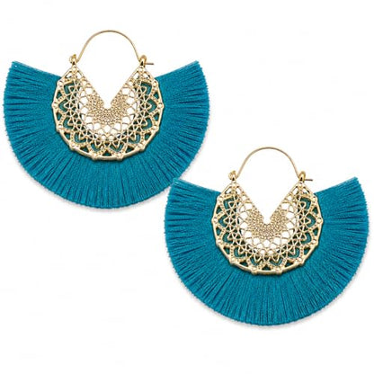 Tassel Hoop Earring Statement Thread Dangle Earrings Stylish Long Fringe Drop Earrings Lightweight Long Swingy French Hook Earrings for Women - color: A Dark Blue
