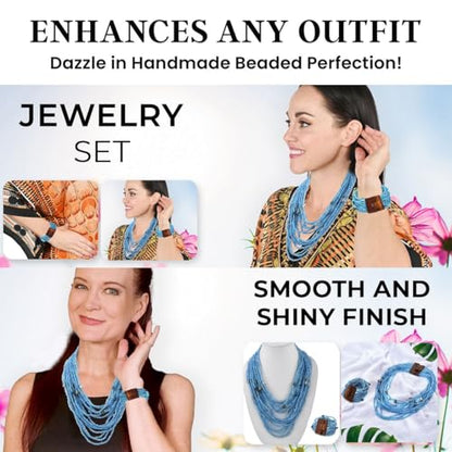 Shop LC Seed Bead Necklace Bracelet Set Boho Jewelry for Women | Multi Layered Boho, Wooden Clasp, 18 Inch Necklace, Stretchable Bracelet - color: Blue