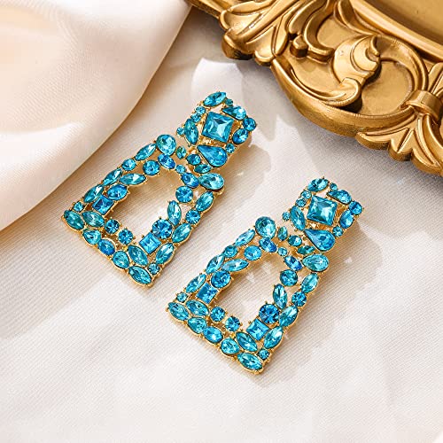 Flyonce Rectangle Clip-on Drop Earrings for Women, Sparkly Rhinestone Crystal Geometric Statement Non Pierced Earring Wedding Prom Party Jewelry for Brides Bridesmaid - color: Light Blue