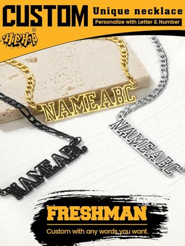 GoldChic JEWELRY Name Necklace Personalized for Men, Womens Custom Name Plate Chain, Stainless Steel Customized Old English Nameplate Choker with Curb Chains Custom, 16 inches to 30 inches - color: Figaro Chain 6 mm -Black