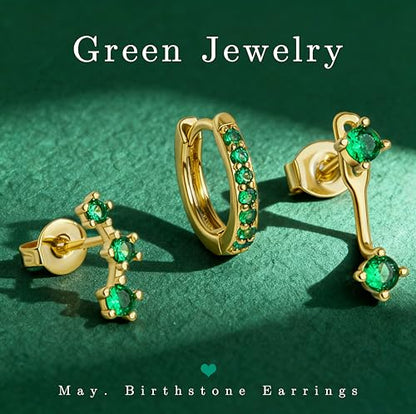 3 Pairs Dainty Small Earrings Set for Women Trendy, Birthstone Stud Huggie Hoop Jacket Stack for Cartilage Helix, Gold Plated Hypoallergenic Cute Women Fashion Accessories Western Jewelry Gifts - color: 05Green Created Emerald-May (Gold)