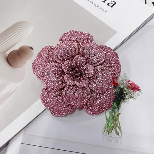 Rhinestone Flower Brooch Pin for Women Men Elegant Sparkly Crystal Camellia Floral Lapel Pins Shawl Dress Suit Clothes Accessories Wedding Party Fashion Jewelry 105mm - color: Pink