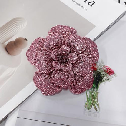 Rhinestone Flower Brooch Pin for Women Men Elegant Sparkly Crystal Camellia Floral Lapel Pins Shawl Dress Suit Clothes Accessories Wedding Party Fashion Jewelry 105mm - color: Pink