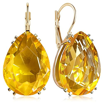 14K Gold Teardrop Crystal Leverback Earrings Sparkly Rhinestone Water Droplet Dangle Drop Earrings For Women - color: Orange