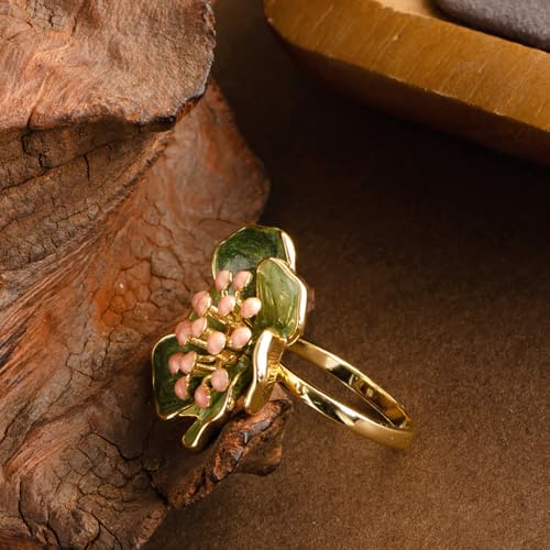 Kokoma Vintage Camellia Flower Statement Ring for Women Shiny Green Enamel Floral Ring Engagement Eternity Rings Wedding Band Adjustable Fashion Jewelry