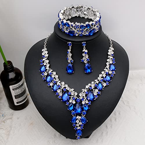 CSY Elegant Crystal Costume Jewelry Sets Flower Bridal Necklace Earrings Stretch Bangle Set for Bride Bridesmaid Wedding Dress Accessories - color: royal blue crystal-platinum tone