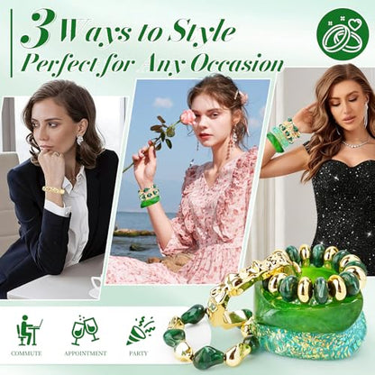 Acrylic Resin Bangle Bracelets for Women | Chunky Boho Stackable Geometric & Marbled Statement Jewelry | Lightweight Everyday Gift Set - color: Green