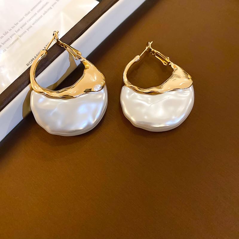 Elegant Geometric Drop Dangle Earrings For Women Irregular Faux Pearl Gold Hoop Earrings Unique Large Statement Pearl Earrings Trendy Jewelry Gifts