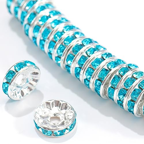 100Pcs Rondelle Spacer Beads Round Crystal Charms Czech Rhinestone Silver Plated Spacer Loose Beads for DIY Bracelet Necklace Jewelry Making Supplies (4MM, Aquamarine) - color: Aquamarine, size: 4MM