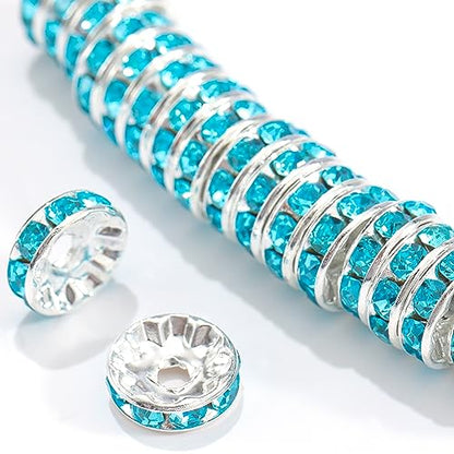100Pcs Rondelle Spacer Beads Round Crystal Charms Czech Rhinestone Silver Plated Spacer Loose Beads for DIY Bracelet Necklace Jewelry Making Supplies (6MM, Aquamarine) - color: Aquamarine, size: 6MM
