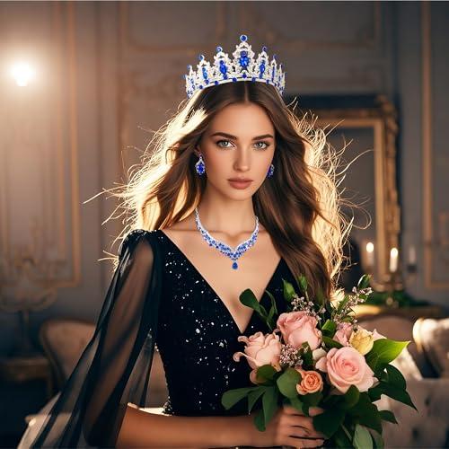 Crowns and Tiaras jewelry sets for Wedding princess birthday party Halloween Prom Pageant Jewelry for Women Crystal Bridal Jewelry Set for women - color: Silver Blue