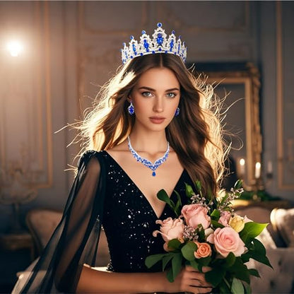 Crowns and Tiaras jewelry sets for Wedding princess birthday party Halloween Prom Pageant Jewelry for Women Crystal Bridal Jewelry Set for women - color: Silver Blue
