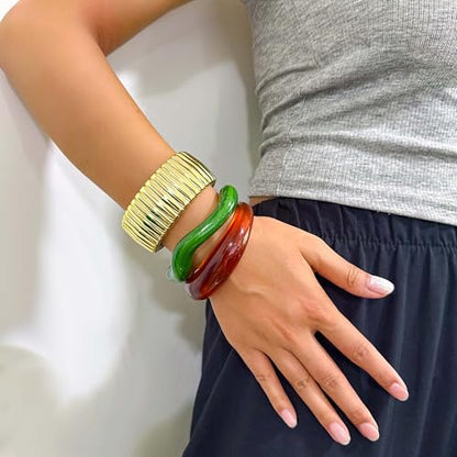2PCS Chunky Acrylic Bracelet for Women Large Square Resin Cuff Vintage Open Bangle Bracelets Wide Geometric Jewelry - style: B - Gold+Red+Beige