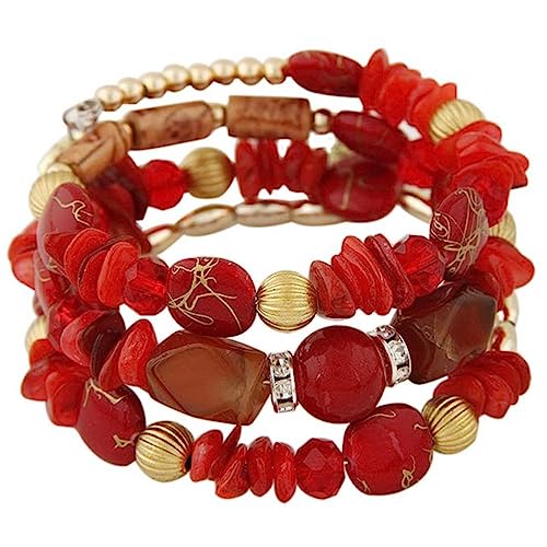 Women Beaded Bracelet Set | Colorful Boho Stackable Trendy Design with Crystal Accents Multilayer Bangle Bracelet | Fashion Stretch Braclets Jewelry for Women - color: Red.