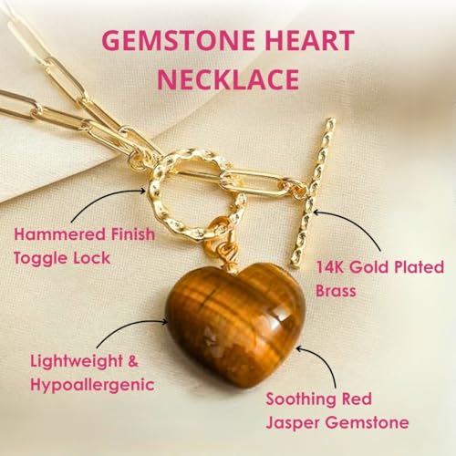 Gempires Gemstone Heart Pendant Necklace for Women, Gold Toggle Birthstone | Handmade gemstone heart pendant necklace — choose from 11 stones and birthstones, gold toggle paperclip chain. - color: Tiger Eye