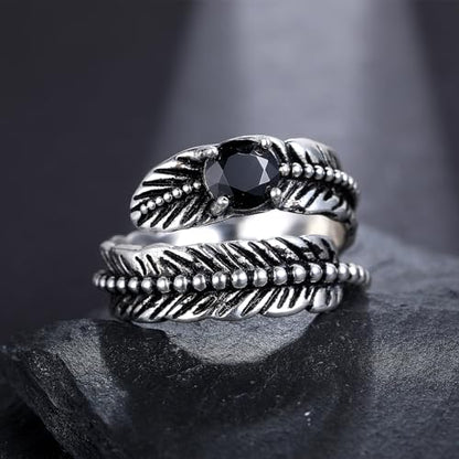 AVECON S925 Sterling Silver Turquoise/Labradorite/Just Breathe/Onyx Rings | Hypoallergenic Adjustable Open Feather Gift Women Men Thumb Spoon Statement Western Band Jewelry for Anniversary - color: Black Onyx