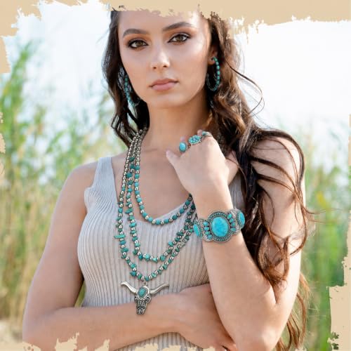 Ecally Bohemian Western Jewelry Turquoise Set Women Country Pendant Long Choker Layered Bracelets Earrings Ring for Women - color: Turquoise, style: Graceful