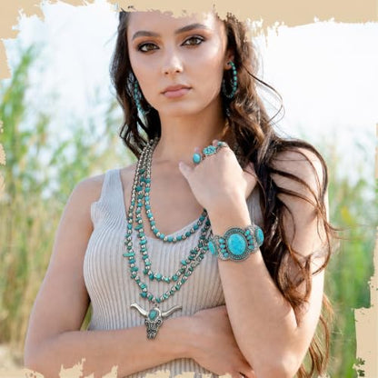 Ecally Bohemian Western Jewelry Turquoise Set Women Country Pendant Long Choker Layered Bracelets Earrings Ring for Women - color: Turquoise, style: Graceful