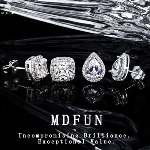 MDFUN Halo Stud Earrings 18K Gold Plated Round/Square/Heart/Teardrop Cubic Zirconia Earrings Set for Women - color: A-Square/Teardrop