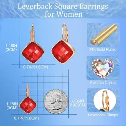 Austrian Crystal Square Leverback Drop Earrings for Women | Classic Square-Cut Crystal,14K Gold-Plated,Leverback for Easy Secure Wear,Gift Box Included,For Day and Evening Events - color: Red