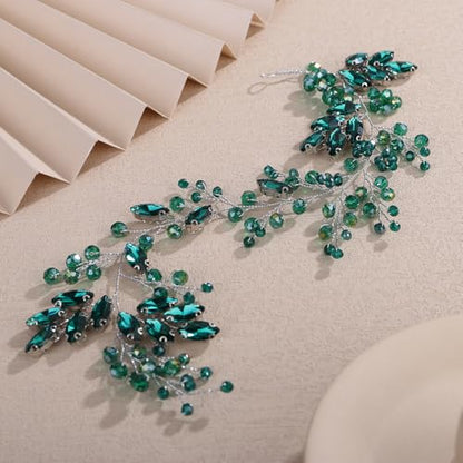 Teyglen Green Crystal Bride Flower Wedding Hair Vine Handmade Rhinestone Headband Bridal Head Piece for Women Party Prom Headpiece Sparkly Rhinestone Hair Accessories (Peacock Green) - color: Peacock Green