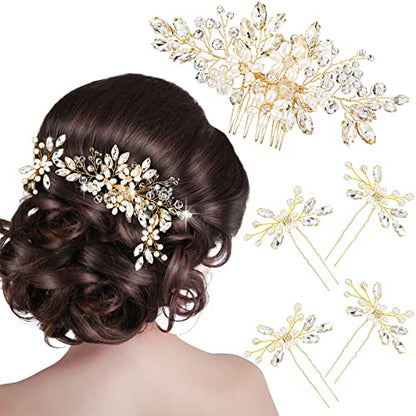 5 Pieces Wedding Hair Comb Bridal Hair Pins Crystal Pearl Hair Accessories Rhinestone Flower Hair Piece for Wedding Bride Women(Gold) - color: Gold