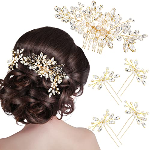 5 Pieces Wedding Hair Comb Bridal Hair Pins Crystal Pearl Hair Accessories Rhinestone Flower Hair Piece for Wedding Bride Women(Gold) - color: Gold