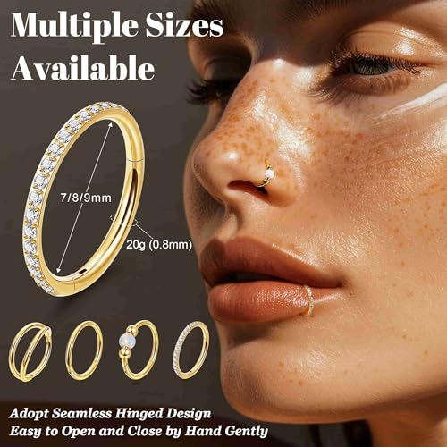 4PCS 18G 20G Surgical Steel Nose Ring Hoop for Women Men Hinged Double Nose Hoop CZ Opal Clicker Septum Nose Hoops Cartilage Conch Tragus Rook Ring Lip Daith Piercing Jewelry Gold Silver 7-9MM - color: Gold, size: 20G-7mm (Relatively Small)