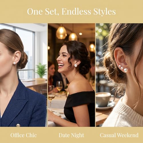 12 Pairs Pearl Stud Earrings for Women | White Pearl CZ Ball Hypoallergenic Earrings, Bridal Simulated Pearl Rhinestone Pearls Stud Earrings Jewelry Set for Wedding - color: Gold