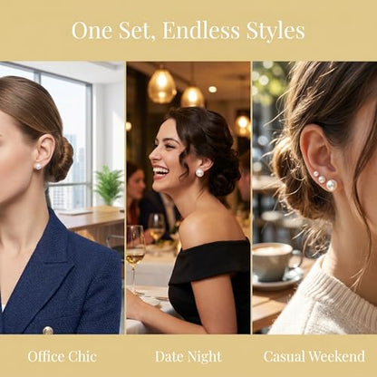 12 Pairs Pearl Stud Earrings for Women | White Pearl CZ Ball Hypoallergenic Earrings, Bridal Simulated Pearl Rhinestone Pearls Stud Earrings Jewelry Set for Wedding - color: Gold