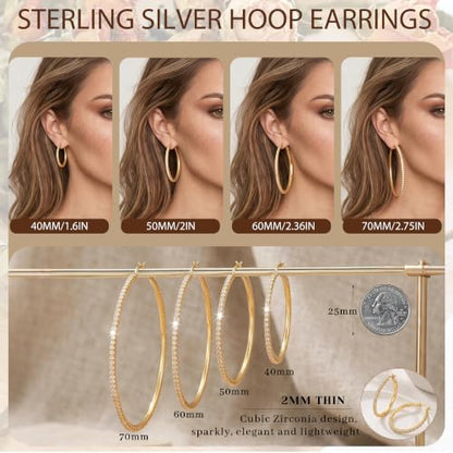 2MM S925 Sterling Silver Post Cubic Zirconia Hoop Earrings Hypoallergenic | 14K Gold Plated - color: Gold-40MM