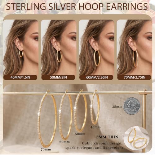 2MM S925 Sterling Silver Post Cubic Zirconia Hoop Earrings Hypoallergenic | 14K Gold Plated - color: Gold-70MM