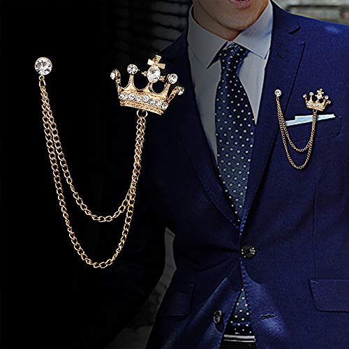 YOOE British Style Rhinestone Crown Chain Brooch. Retro Crystal Corsage Pin, Tassel Chain Suit Jacket Brooch Pin for Men Husband Gifts