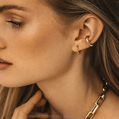 DREMMY STUDIOS Gold Dainty Huggie Hoop Earrings 18K Gold Plated Exquisite Open Tassel Dangle Charm Drop Sleeper Geometric Cross Coin Star Heart White CZ Simple Hypoallergenic Earrings for Women - color: Chain-A
