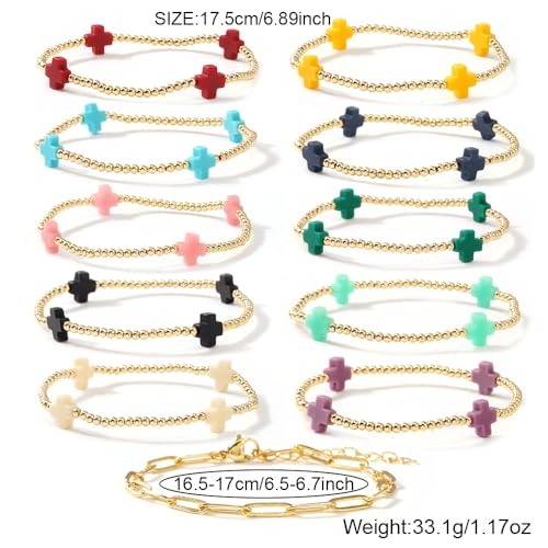 Colorful Stackable Rice Small Mini Seed Beaded Bracelets Set For Women, Handmade Dainty Boho Gold Glass Stretch Accessories Jewelry,Summer Beach Party Daily Friendship Gift - color: 11Pcs Cross