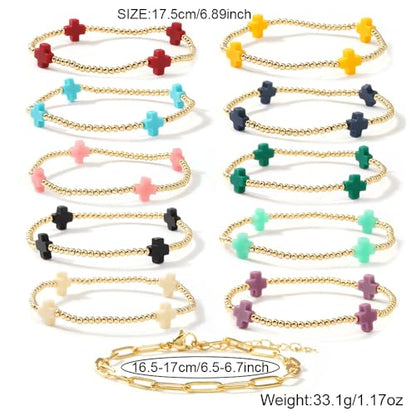 Colorful Stackable Rice Small Mini Seed Beaded Bracelets Set For Women, Handmade Dainty Boho Gold Glass Stretch Accessories Jewelry,Summer Beach Party Daily Friendship Gift - color: 11Pcs Cross