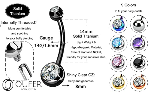 OUFER Titanium Belly Button Rings, Internally Threaded Belly Ring, Round CZ Navel Rings for Women Men - color: Black, size: 1.6*14MM
