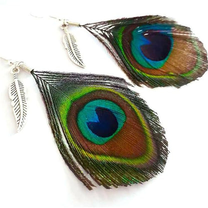Peacock Feather Earrings for Women Native Handmade Lightweight Long Peacock Feather Boho Hook Earring Prom Party Festival Jewelry - color: Silver Leaf